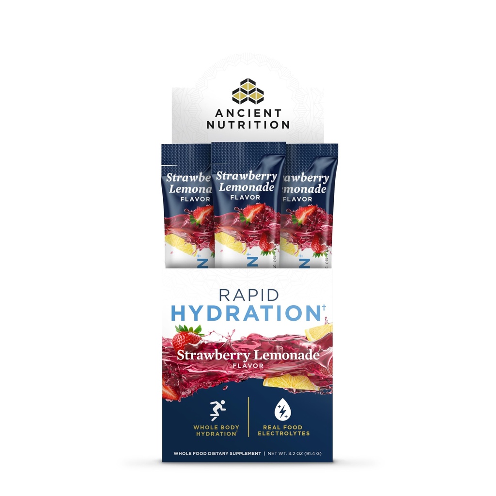 Ancient Nutrition Rapid Hydration Powder, Strawberry Lemonade, Electrolytes from Natural Sea Salts and Red Marine Algae, Supports Rapid Body Hydration and Cellular Health, 15 Servings