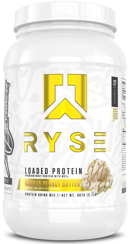 RYSE Loaded Protein Powder - Βανίλια Φυστικοβούτυρο - 25g Whey Protein Isolate & Concent with Prebiotic Fiber & MCTs - Χαμηλό υδατάνθρακες, χαμηλή ζάχαρη, Digestive-Friendly - 27 Σερβιέτες / 2 lb Tub