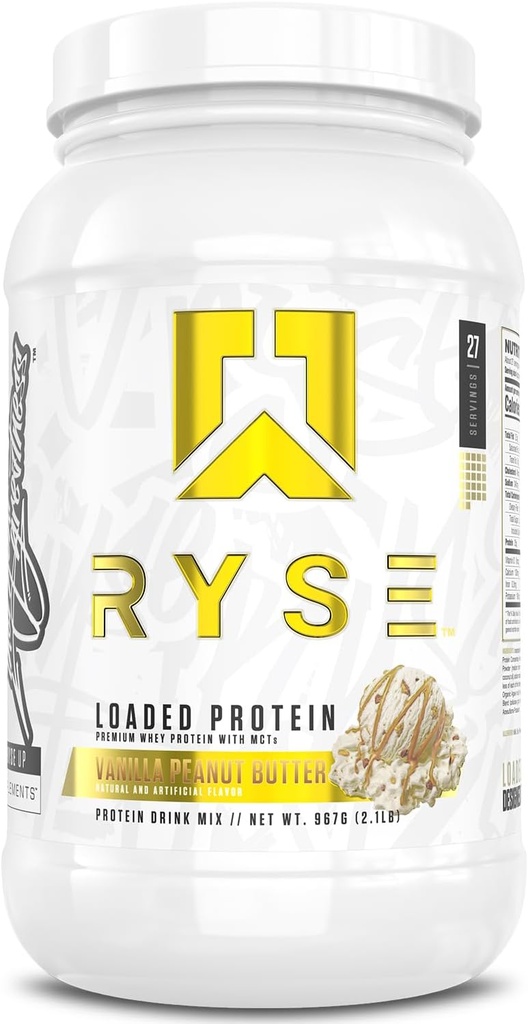 RYSE Loaded Protein Powder - Βανίλια Φυστικοβούτυρο - 25g Whey Protein Isolate & Concent with Prebiotic Fiber & MCTs - Χαμηλό υδατάνθρακες, χαμηλή ζάχαρη, Digestive-Friendly - 27 Σερβιέτες / 2 lb Tub