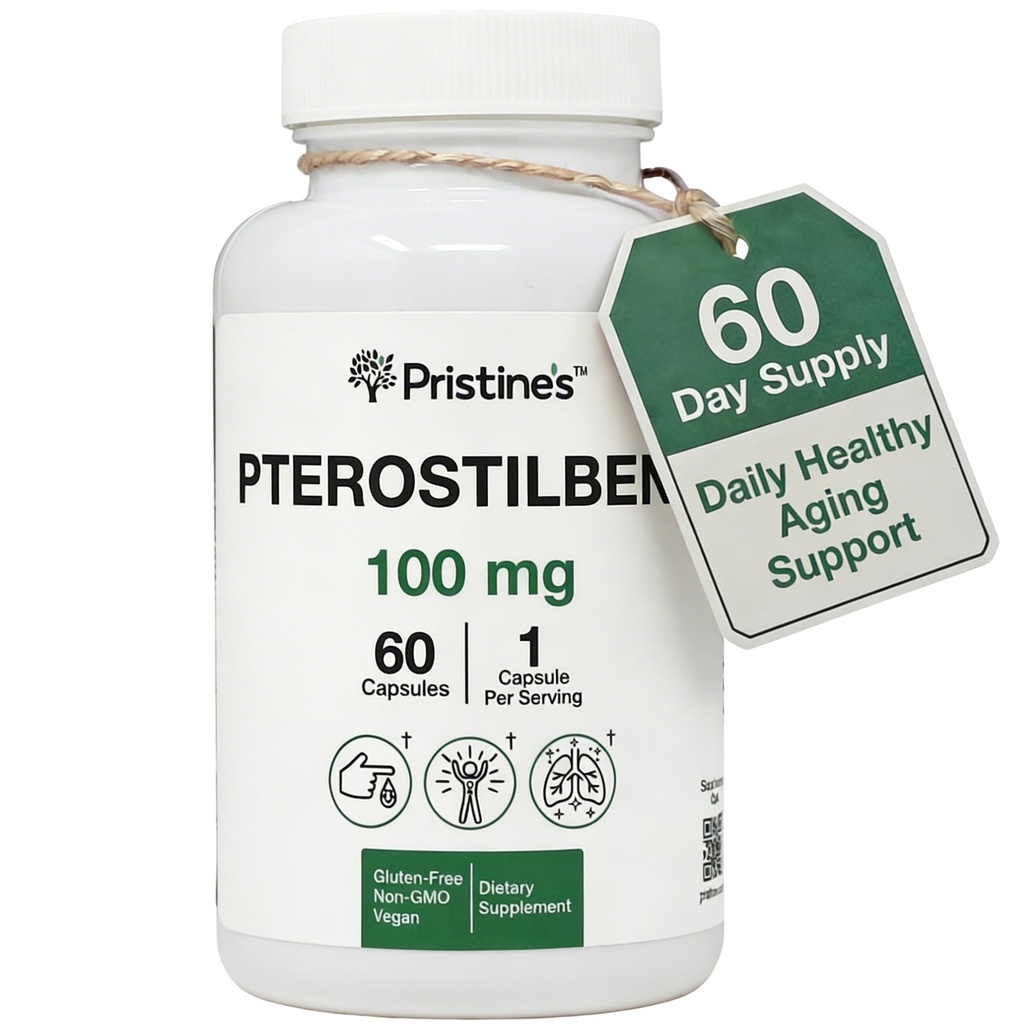 PRISTINE'S Pterostilbene 100mg Αντιγήρανση Συμπληρώματα Κάψουλες - 60 Ημέρα Προμήθεια - Πνεύμονα Υγεία & Διανοητική Καθαρότητα Αντιοξειδωτικό - Υψηλή Βιοδιαθεσιμότητα Vegan Non GMO
