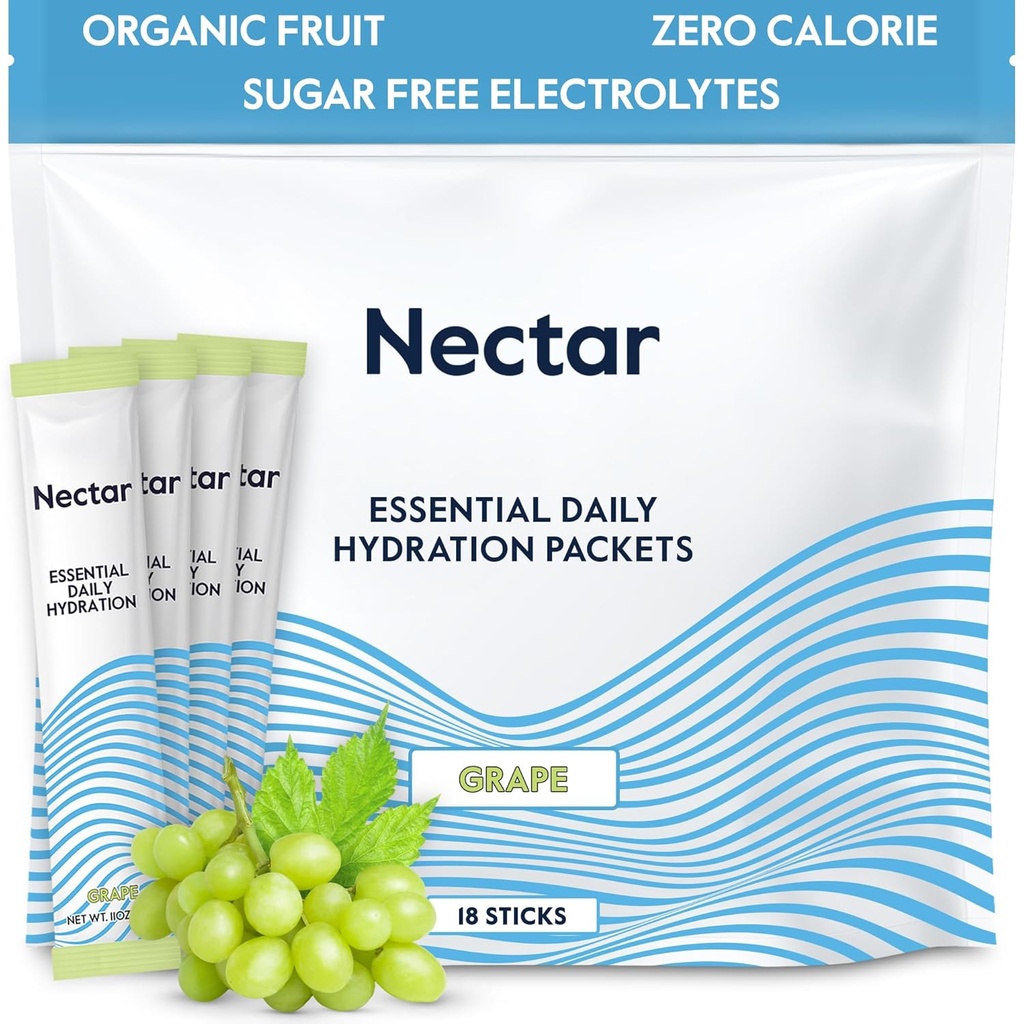 Πακέτα Ενυδάτωσης Nectar - Packets σκόνης ηλεκτρολυτών - Χωρίς ζάχαρη & 0 θερμίδες - Βιολογικά Υγρά Φρούτων Καθημερινά IV Υδραυλικά Στικ για Αφυδάτωση Ανακούφιση & Ταχεία ενυδάτωση (Grape 18 Pack)