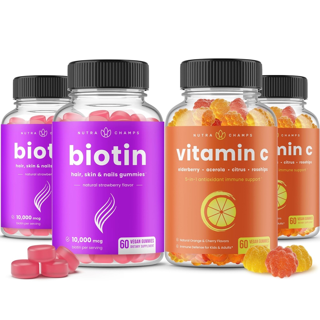 NutraChamps Biotin Gummies (2 Pack) και Βιταμίνη C Gummies (2 Pack) 4 Pack Bundle