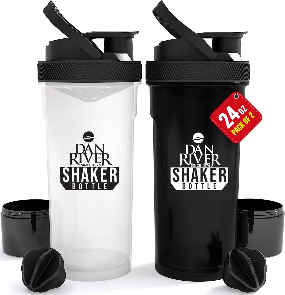 DAN RIVER 2-Pack Shaker Bottle | 24oz Plastic Protein Shaker & Mixer | Twist & Lock Design for Smoothies & Protein Mixes | Durable, Leak-Proof, Easy to Clean | Clear & Black Shaker Bottles for Gym