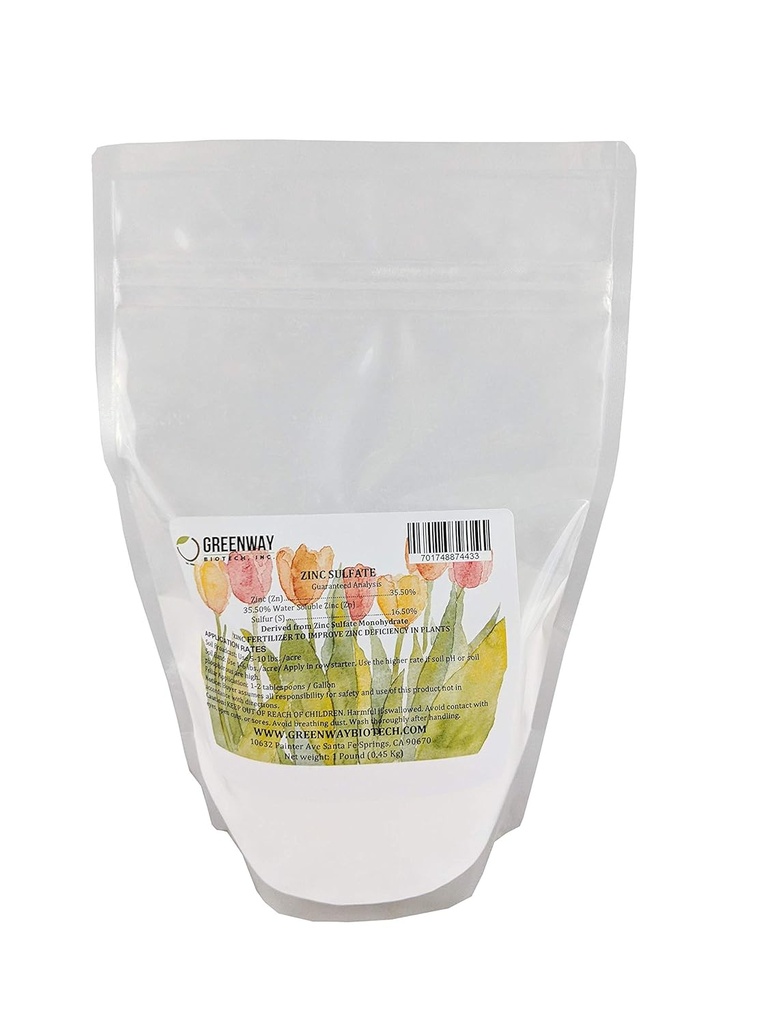 Greenway Biotech, Inc. Zinc Sulfate Powder 35,5% Monohydrate Plus 16,5% Sulfur (1 Λίβρα)