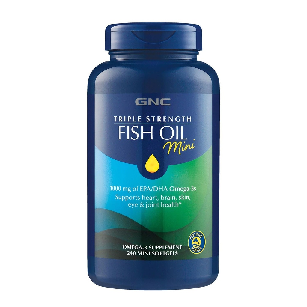 GNC τριπλή δύναμη ιχθυέλαιο Mini Omega 3 συμπλήρωμα, 1000mg EPA και DHA, υποστηρίζει την καρδιά, τον εγκέφαλο, το δέρμα, τα μάτια και κοινή υγεία, 240 Mini Softgels