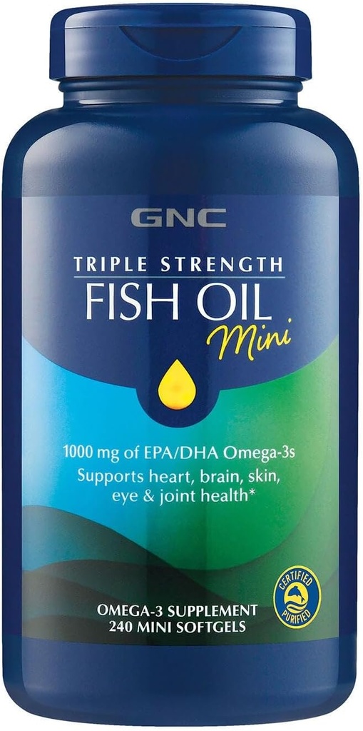 GNC τριπλή δύναμη ιχθυέλαιο Mini Omega 3 συμπλήρωμα, 1000mg EPA και DHA, υποστηρίζει την καρδιά, τον εγκέφαλο, το δέρμα, τα μάτια και κοινή υγεία, 240 Mini Softgels