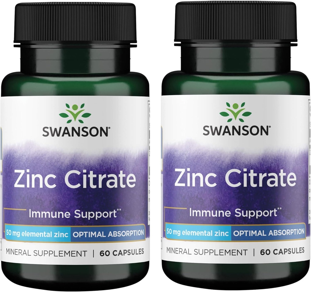 Swanson Zinc Citrate - Mineral Supplement Promoting Healthy Vision & Immune System Health - Natural Formula Supporting Overall Wellness - (60 Capsules, 50mg Each) (2 Pack)