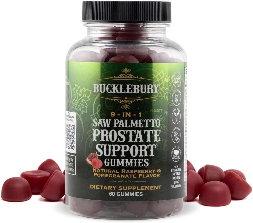 BUCKLEBURY 9-σε-1 Φυσικό Πριόνι Παλμέτο Gummies με Βατόμουρο & Ρόδι Γεύση - Plant-based Prostate Συμπληρώματα Υποστήριξης για την υγεία των ανδρών, την ανάπτυξη των μαλλιών και την υποστήριξη ούρων - 60 Gummies
