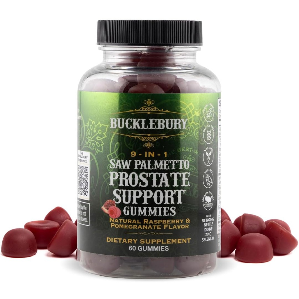 BUCKLEBURY 9-σε-1 Φυσικό Πριόνι Παλμέτο Gummies με Βατόμουρο & Ρόδι Γεύση - Plant-based Prostate Συμπληρώματα Υποστήριξης για την υγεία των ανδρών, την ανάπτυξη των μαλλιών και την υποστήριξη ούρων - 60 Gummies