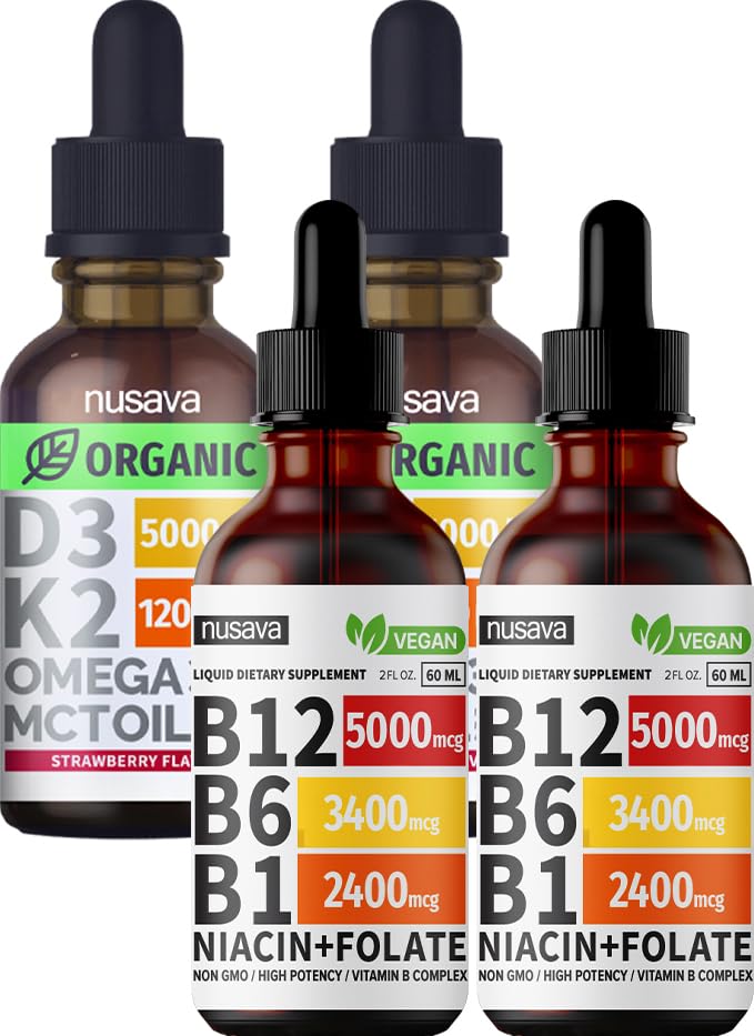 NUSAVA Βιταμίνη B12 Υγρές σταγόνες και Flavored Φράουλα D3 K2 Bundle - Ισχυρές Υγρές Βιταμίνες για Καρδιά, Κοινή, Ενέργεια, & Ανοσολογική Υποστήριξη - Μη ΓΤΟ, Χωρίς Γλουτένη, 2pk Καθένα