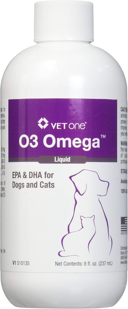 Vet One O3 Omega Liquid EPA & DHA για σκύλους & γάτες - Skin & Coat Συμπλήρωμα - Υποστηρίζει ανοσοποιητικό σύστημα & κοινή υγεία - 8 oz