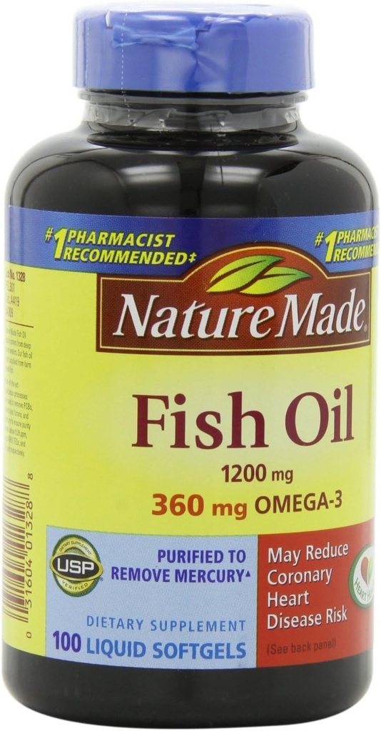 Nature Made Fish Oil 1200mg, 360mg Omega-3 100 Liquid Softgels (3 Pack)