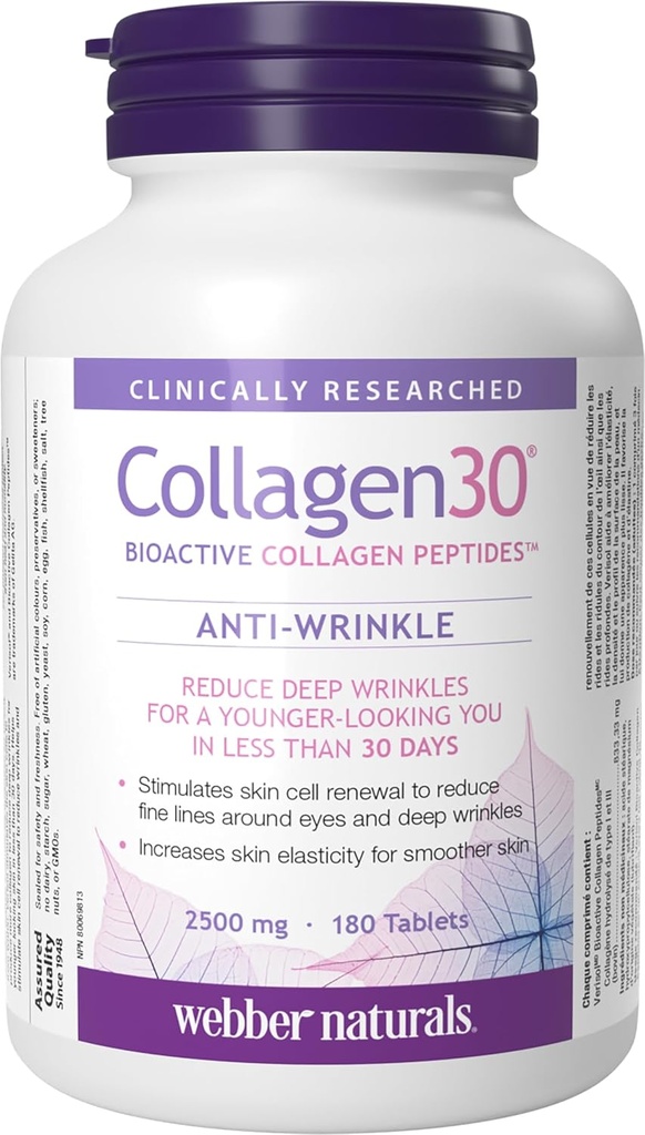 Webber Naturals Collagen30 Anti-Wrinkle, 2.500mg Bioactive Collagen Peptides Per Serving, 180 Tablets, Βοηθά στη μείωση των βαθιών ρυτίδων, λεπτών γραμμών & διεγείρει κύτταρα του δέρματος, μη ΓΤΟ, γαλακτοκομικά & γλουτένη Δωρεάν