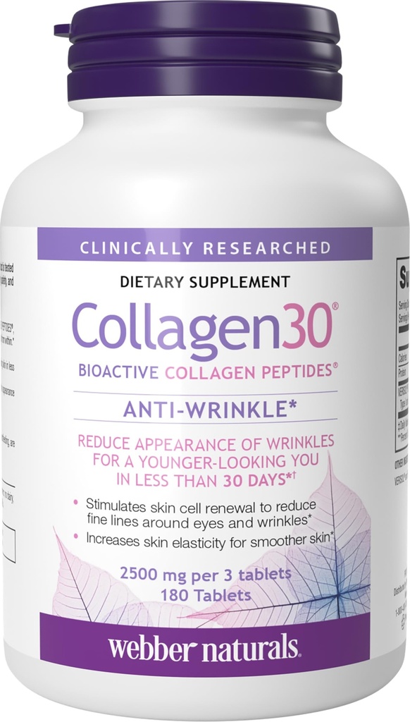 Webber Naturals Collagen30 Anti-Wrinkle, 2.500mg Bioactive Collagen Peptides Per Serving, 180 Tablets, Βοηθά στη μείωση των βαθιών ρυτίδων, λεπτών γραμμών & διεγείρει κύτταρα του δέρματος, μη ΓΤΟ, γαλακτοκομικά & γλουτένη Δωρεάν