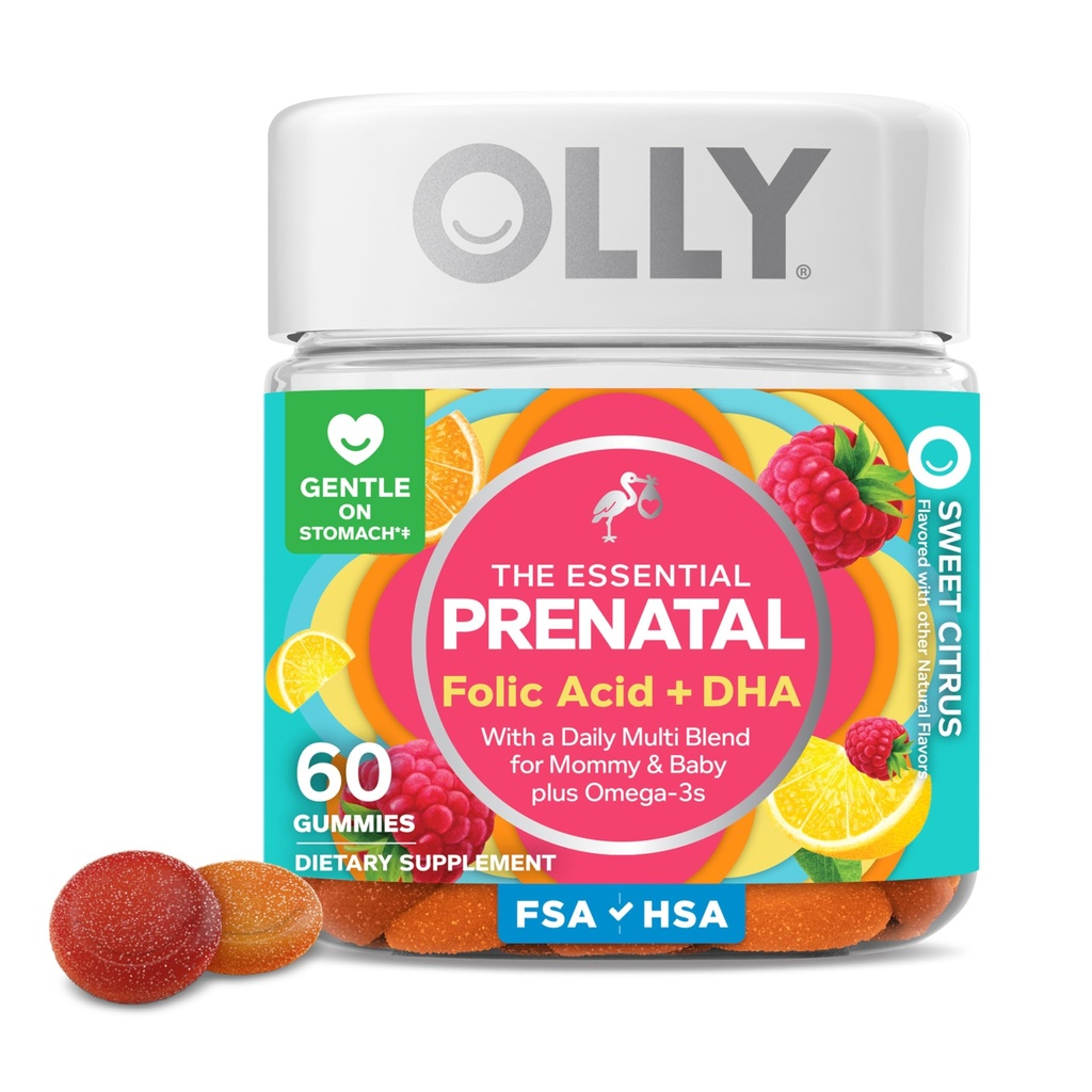OLLY Prenatal Multivitamin Gummy, Daily Multi Blend for Mommy & Baby, Folic Acid, Omega 3 DHA, Vitamins A & D, Sweet Citrus Flavored, 30 Day Supply - 60 Count