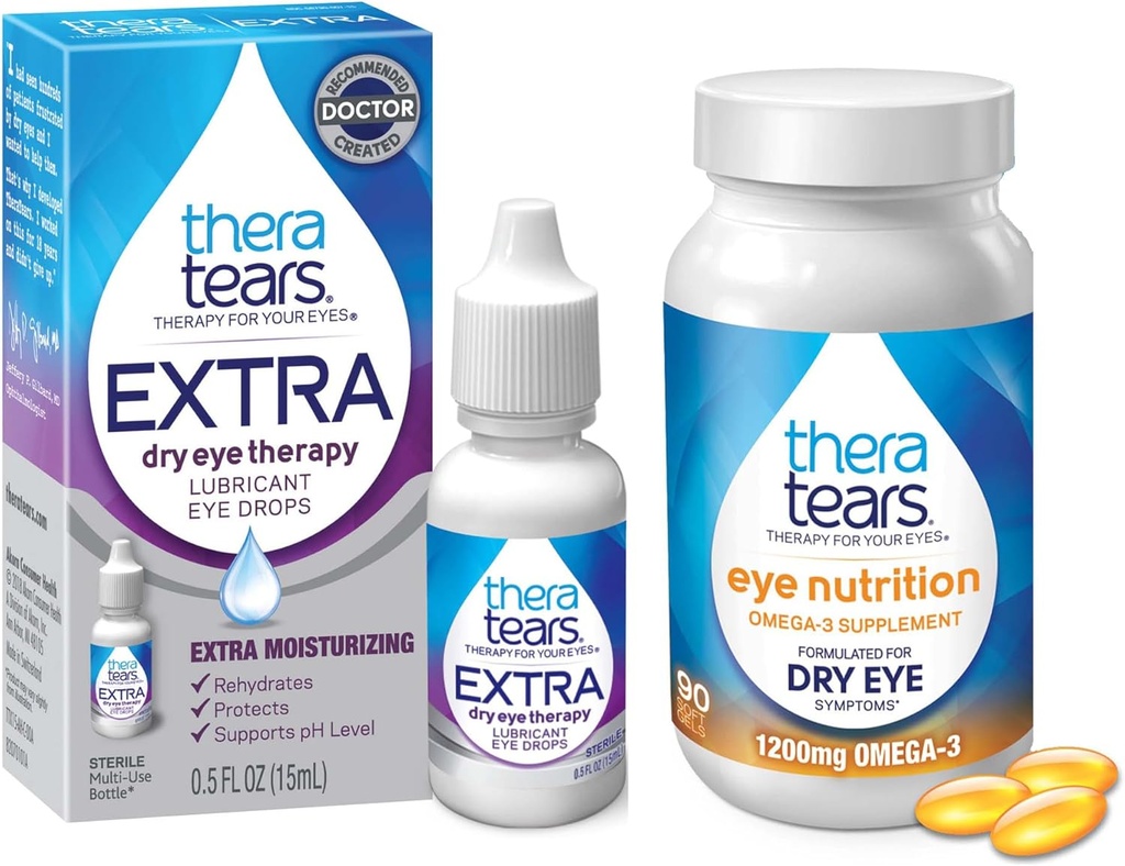 TheraTears 1200mg Omega 3 συμπλήρωμα για τη διατροφή των ματιών, οργανικό λιναρόσπορο Τριγλυκερίδια Fish Oil & VIT E,90 Count Eye Drops, Extra Dry Eye Therapy,15ml,0.5 FL oz