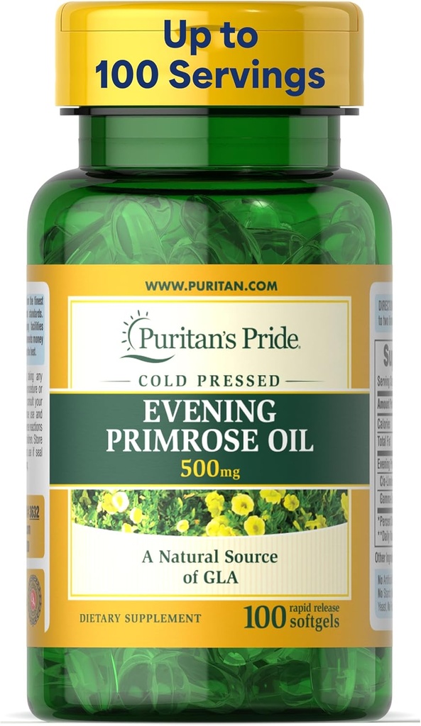Puritan's Pride Cold Pressed Evening Primrose Oil 500 mg με GLA, συμπλήρωμα διατροφής για την υγεία των γυναικών και του δέρματος, 100 Soft Gels ταχείας απελευθέρωσης