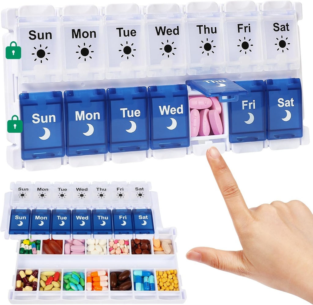 Shintop Weekly Pill Organizer 2 φορές την ημέρα, Easy Fill Am Pm Pill Box 7 Day Push Button Medicine Holder Καθημερινά για τα συμπληρώματα βιταμινών (μπλε & λευκό)