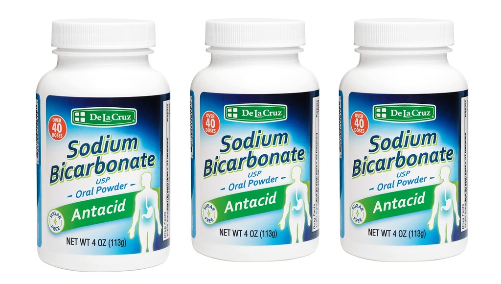 De La Cruz Pure Sodium Bicarbonate Powder – Bakeing Soda & Baking Powder Aluminium free Αντιόξινο για Heartburn & Indigetion – Συσκευασμένο στις ΗΠΑ - 4 OZ (3 μπουκάλια)