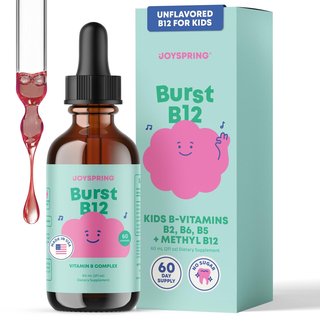 JoySpring Burst B12 σταγόνες - Βιταμίνη B Complex για τα παιδιά (2 fl oz) B2, B6, B5 + Methylcobalamin B12 συμπλήρωμα για την υποστήριξη της υγιούς ανάπτυξης και ανάπτυξης, Vegan B12, Ηλικίες 2-16+ 
