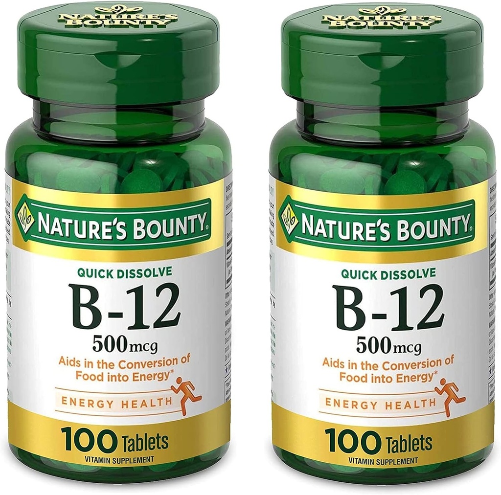Nature's Bounty Vitamin B12, Υποστηρίζει τον Ενεργειακό Μεταβολισμό και το Νευρικό Σύστημα Υγεία, 500mcg, Δισκία, 100 Ct (Pack of 2)