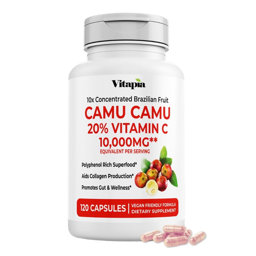 Organic Camu Camu Extract 20% Κάψουλες βιταμίνης C - Ανοσοποιητικό, Κολλαγόνο, Υποστήριξη Μεταβολισμού - 120 Κάψουλες Veggie - Μη ΓΤΟ, Χωρίς Γλουτένη, Συμπλήρωμα Vegan