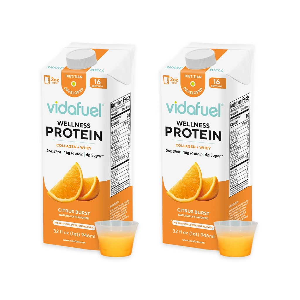 Vidafuel Protein Drink, 16g Protein per 2oz Shot, 32 fl oz Carton, 2 Pack, Citrus, Collagen και Whey Drink, Δεν Τεχνητά γλυκαντικά