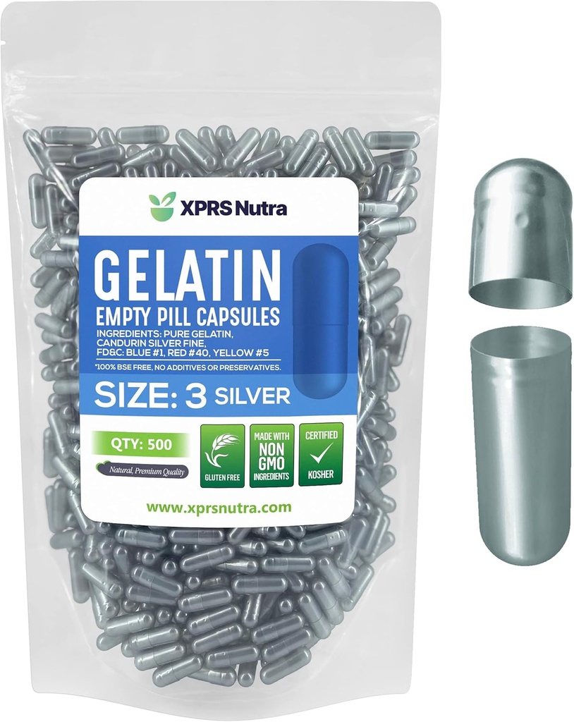 XPRS Nutra Μέγεθος 3 Κενές κάψουλες - 500 Count Empty Gelatin Κάψουλες - Χάπια DIY Καψάκιο Γέμισμα - Αγνά καπάκια τζελ Μπόβιν Χάπι Γέμισμα για Do-It-Yourself Βιταμίνες και συμπληρώματα (Ασημί)