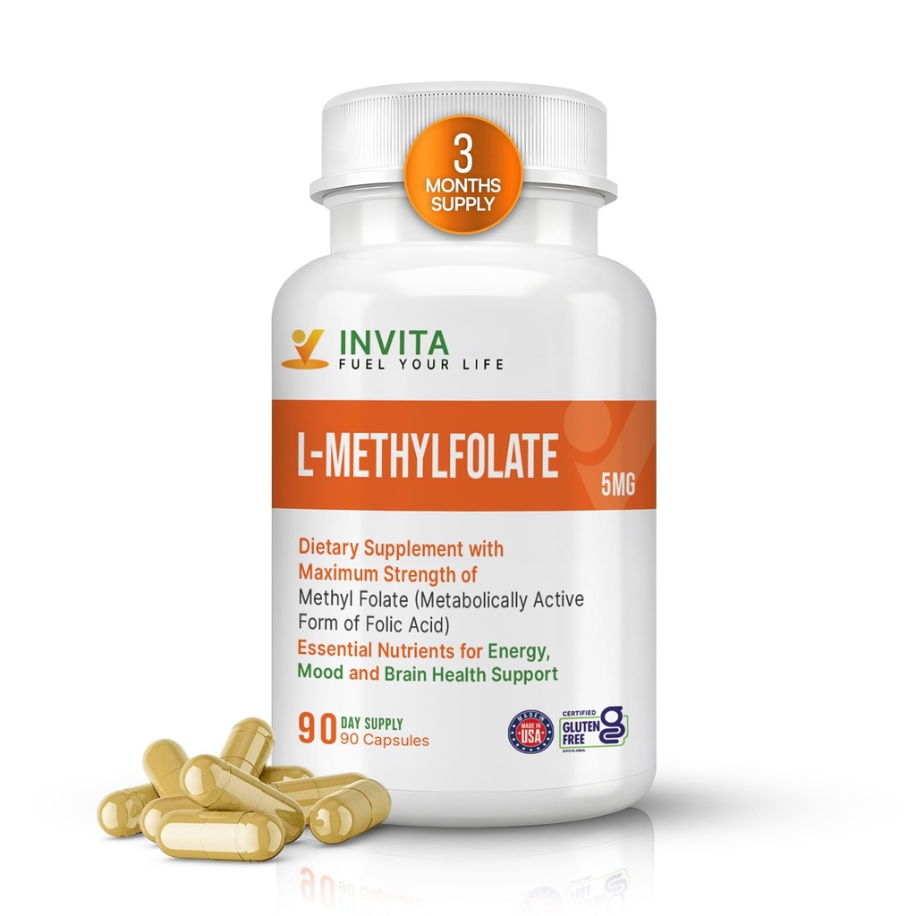 INVITA L-Methylfolate 5mg – Physician Formulated Active Methyl Folate - 5-MTHF Supplement for Energy, Mood & Brain Health Support - Non GMO, Gluten Free, 90 Capsules (3 Month Supply)