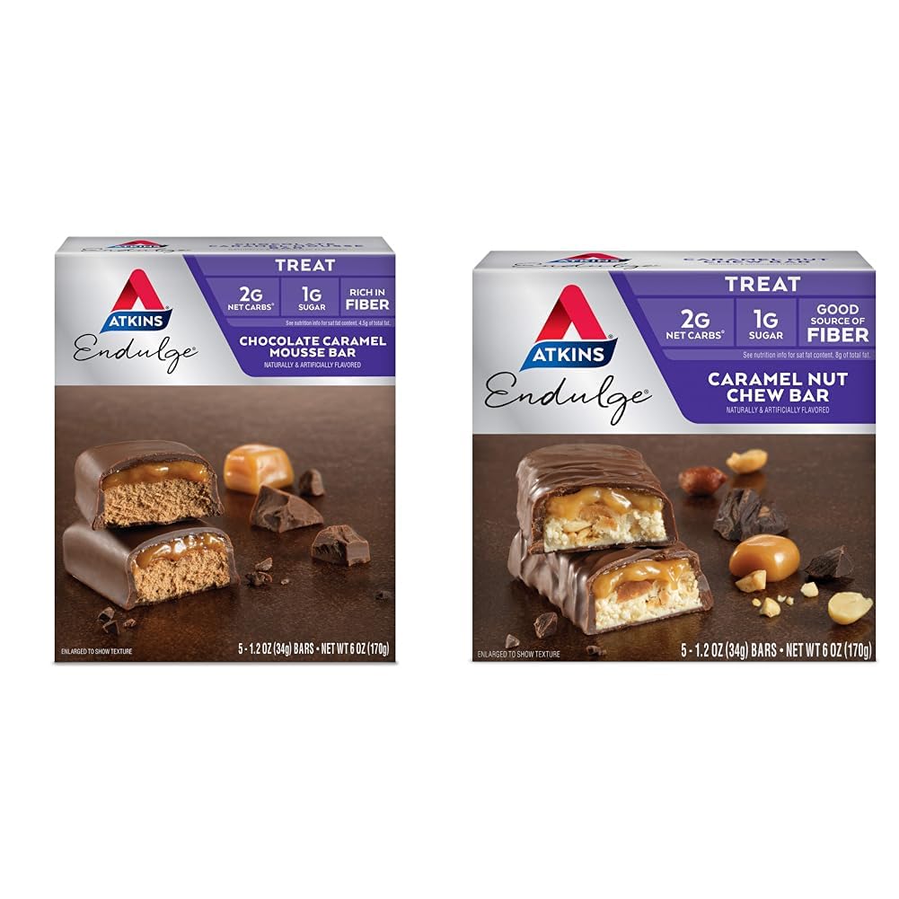 Atkins Endulge σοκολάτα Caramel Mousse Bar 5 Count and Caramel Nut Chew Bar 5 Count Bundle