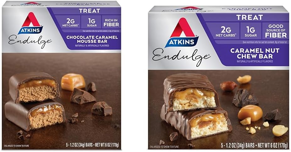 Atkins Endulge σοκολάτα Caramel Mousse Bar 5 Count and Caramel Nut Chew Bar 5 Count Bundle