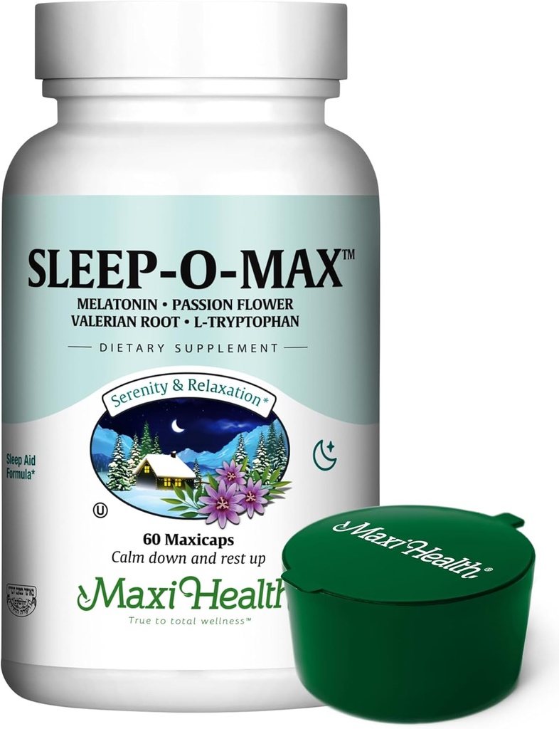 Maxi Health Natural Sleep Supplement Herbal Sleep-O-Max with Valerian Root, Melatonin, Tryptophan, Passionflower - Calm Sleep Support Formula for Adults with Green Pillbox