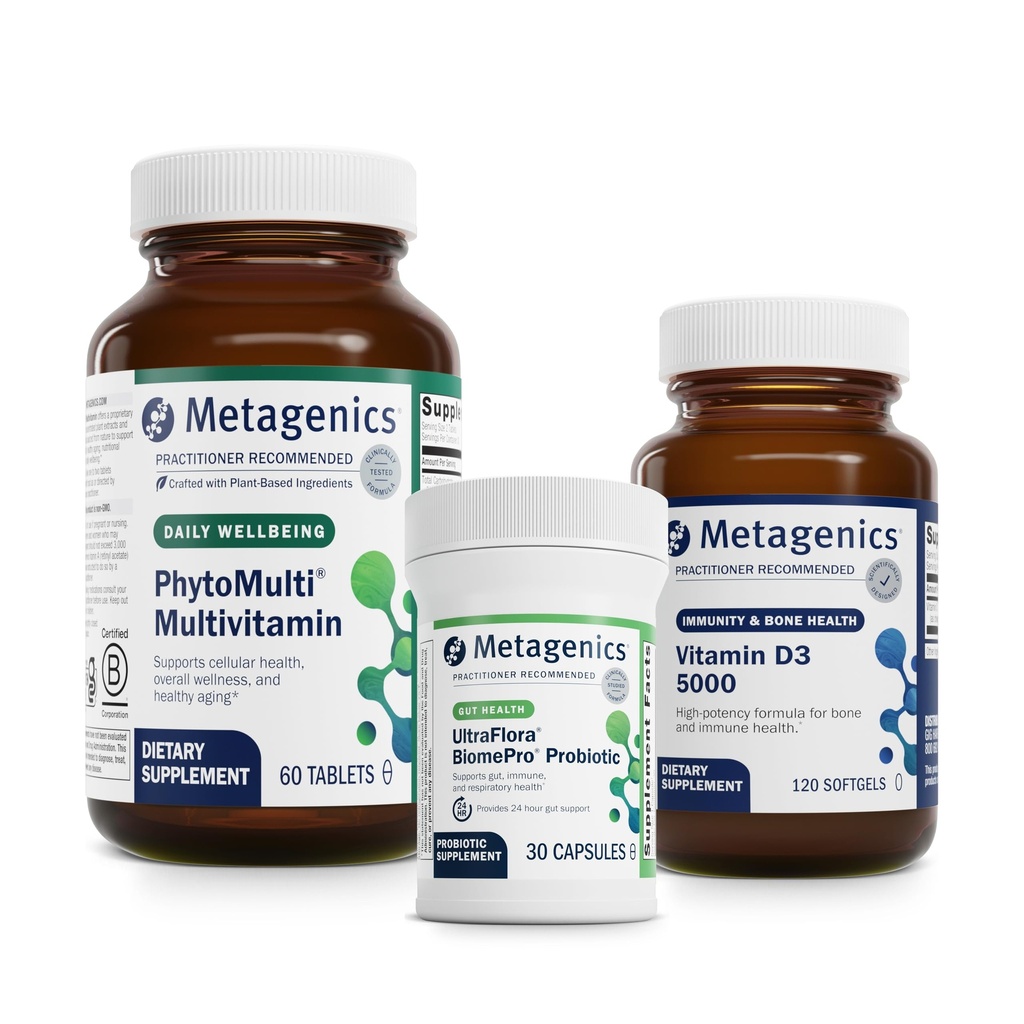 Metagenics PhytoMulti Without Iron - 60 Tablets, D3 5000-120 Softgels, and UltraFlora BiomePro - 30 Capsules