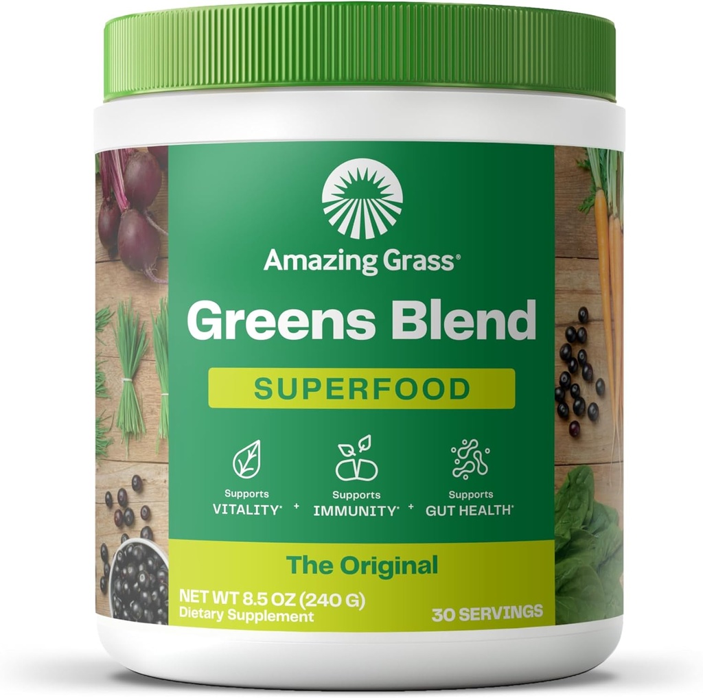 Amazing Grass Greens Blend Superfood: Πράσινοι Mix σκόνης για την ενέργεια, με οργανική Spirulina, Chlorella, Beet Root Powder, Digestive Enzymes & Probiotics, Original, 30 εξυπηρετήσεις (Packaging May Vary)