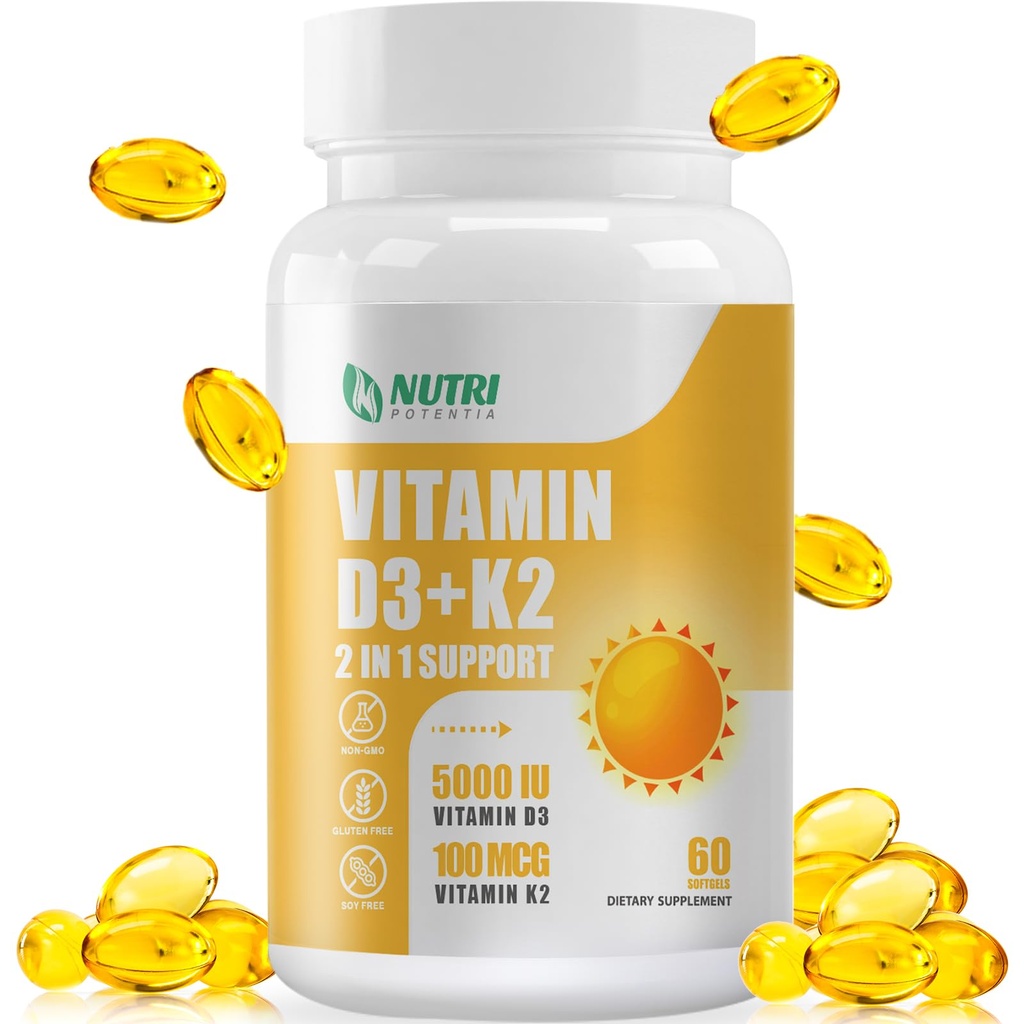 Βιταμίνη D3 K2 με MCT Oil, Βιταμίνη D3 5000 IU και K2 100mcg, Φόρμουλα 2 σε 1 για την υγεία των οστών και της καρδιάς, Χωρίς γλουτένη - 60 Count Softgels