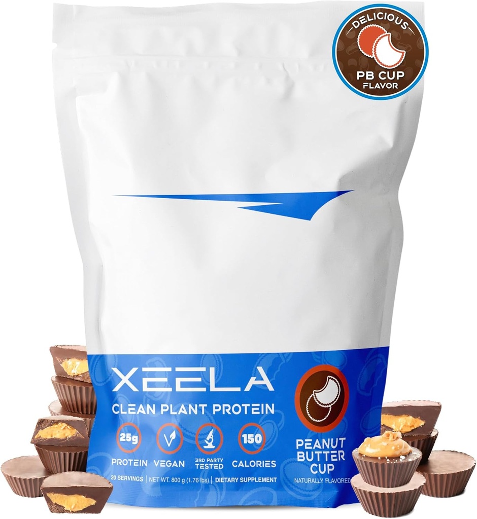 XEELA φυτικής πρωτεΐνης Vegan σε σκόνη - Ανεξάρτητα ελεγχόμενη - 25g υψηλής πρωτεΐνης, πρωτεΐνης μπιζελιού για άνδρες & γυναίκες - Βιταμίνες & Ορυκτά, μη ΓΤΟ, χωρίς γαλακτοκομικά & γλουτένη, χαμηλής περιεκτικότητας σε άνθρακα και χαμηλής περιεκτικότητας (Peanut Butter Cup)