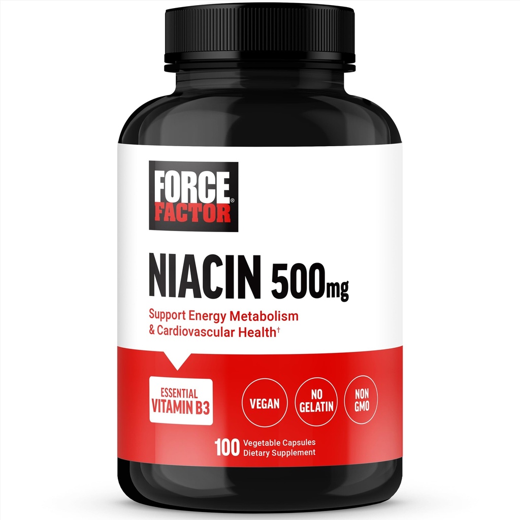 FORCE FACTOR Νιασίνη Βιταμίνη B3 για την υποστήριξη της κυτταρικής ενέργειας και της καρδιοαγγειακής υγείας, Niacin 500mg συμπλήρωμα καρδιάς-υγείας, Vegan, Όχι Ζελατίνη, μη ΓΤΟ, 100 κάψουλες λαχανικών