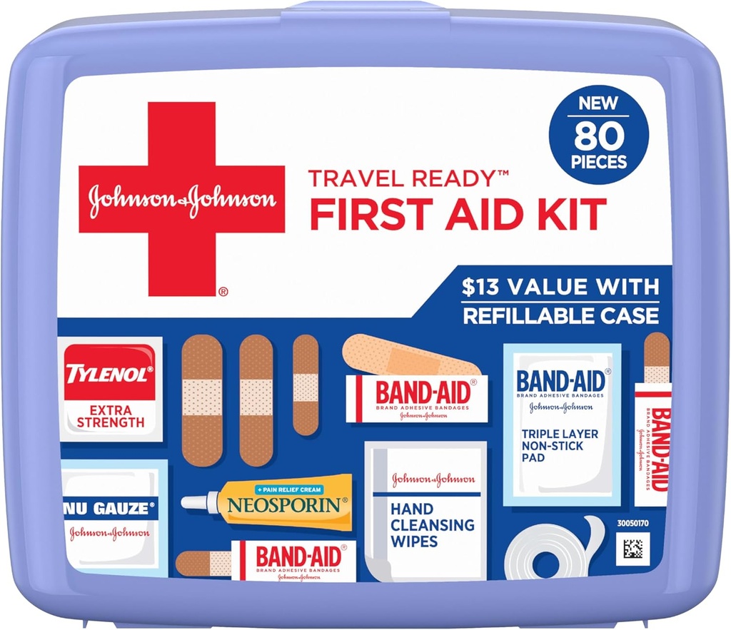 BAND-AID Brand Travel Ready Φορητό Κιτ πρώτων βοηθειών έκτακτης ανάγκης για τη φροντίδα μικρών πληγών, ιδανικό για το σπίτι, το αυτοκίνητο, τα ταξίδια, κάμπινγκ Απαραίτητα & Εξωτερική Κιτ έκτακτης ανάγκης, 80 κομμάτια