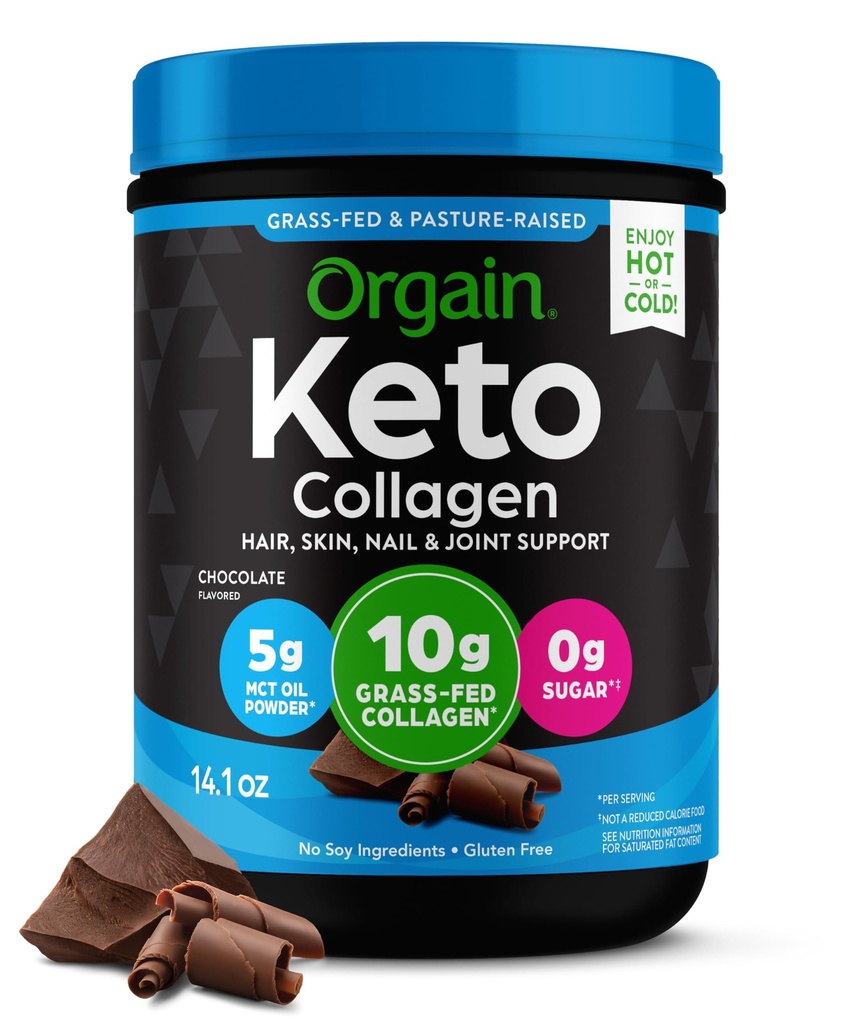 Orgain Keto Collagen Protein Powder, Chocolate - 10g Grass Fed Hydrolyzed Collagen Peptides for Women & Men, Type I & III, 5g MCT Oil - Hair, Skin, Nail, & Joint Support, Non-GMO, Gluten Free - 0,88lb