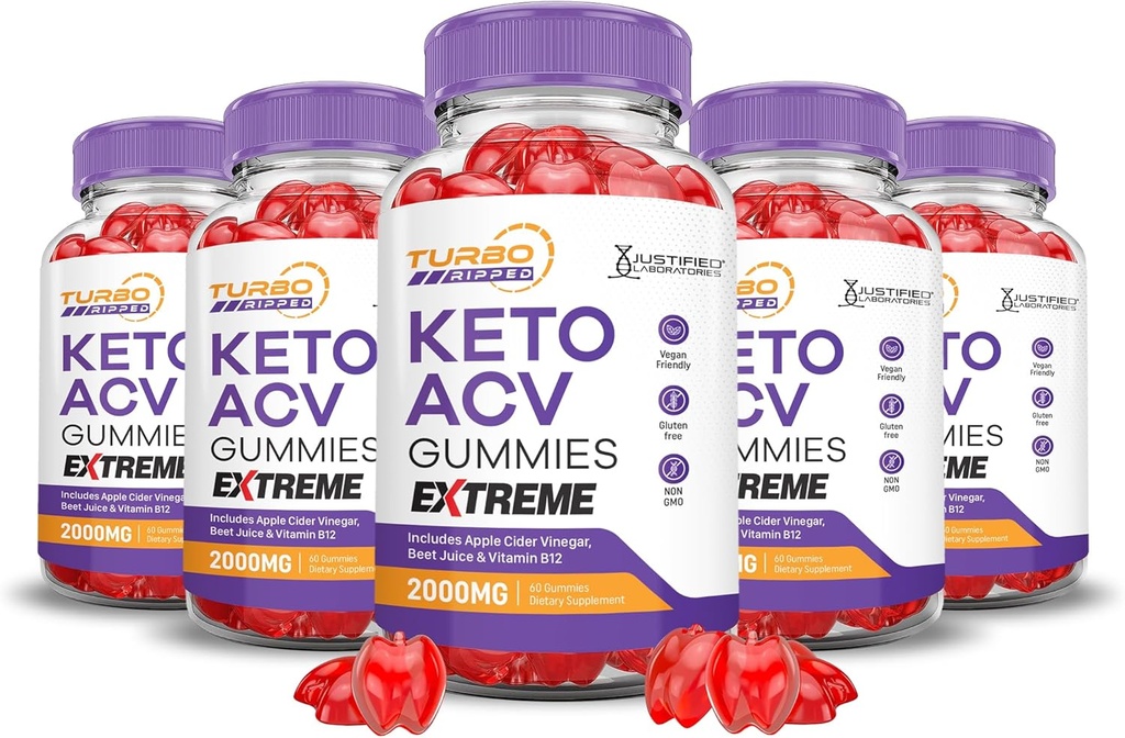 (5 Pack) Turbo Rippped Keto ACV Gummies Extreme 2000MG Turbo Rippped Keto Gummies Apple Cider Vinegar Formed with Roomegranate Beet Buice Powder B12 Vegan Non GMO 300 Gummys