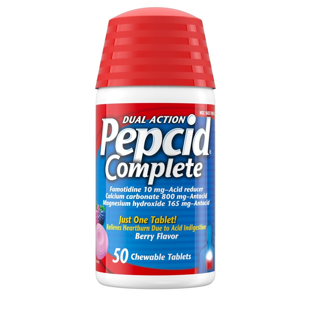 Pepcid Complete Acid Reducer + αντιόξινα μασώμενα δισκία, Heartburn Relief, Berry, 50 ct (Package May Vary)