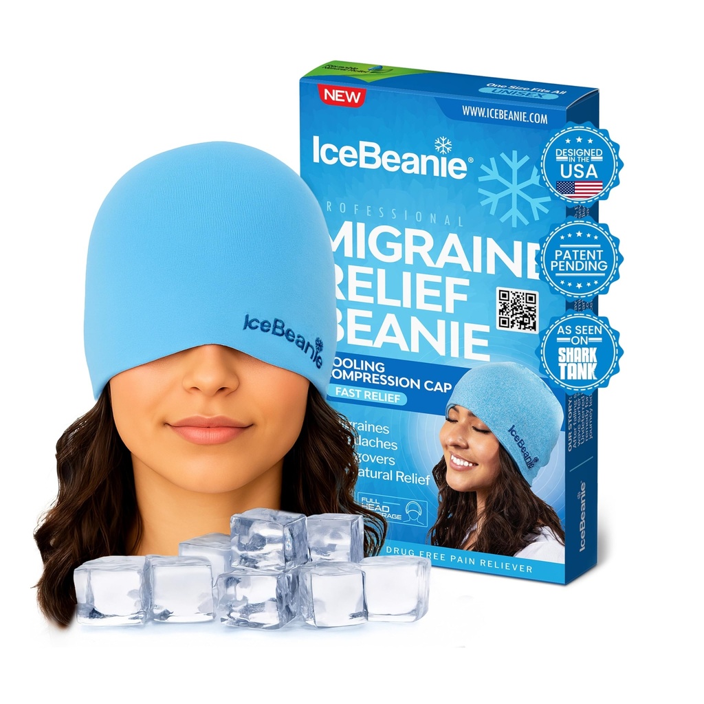 IceBeanie Migraine Relief Cap, As Seen on Shark Tank, Soft & Stretchy Gel Tension Headache Relief Cap, Extended Cooling Hangover Ice Hat, Odorless Head Wrap Ice Pack Wrap, Headache Migraine Mask