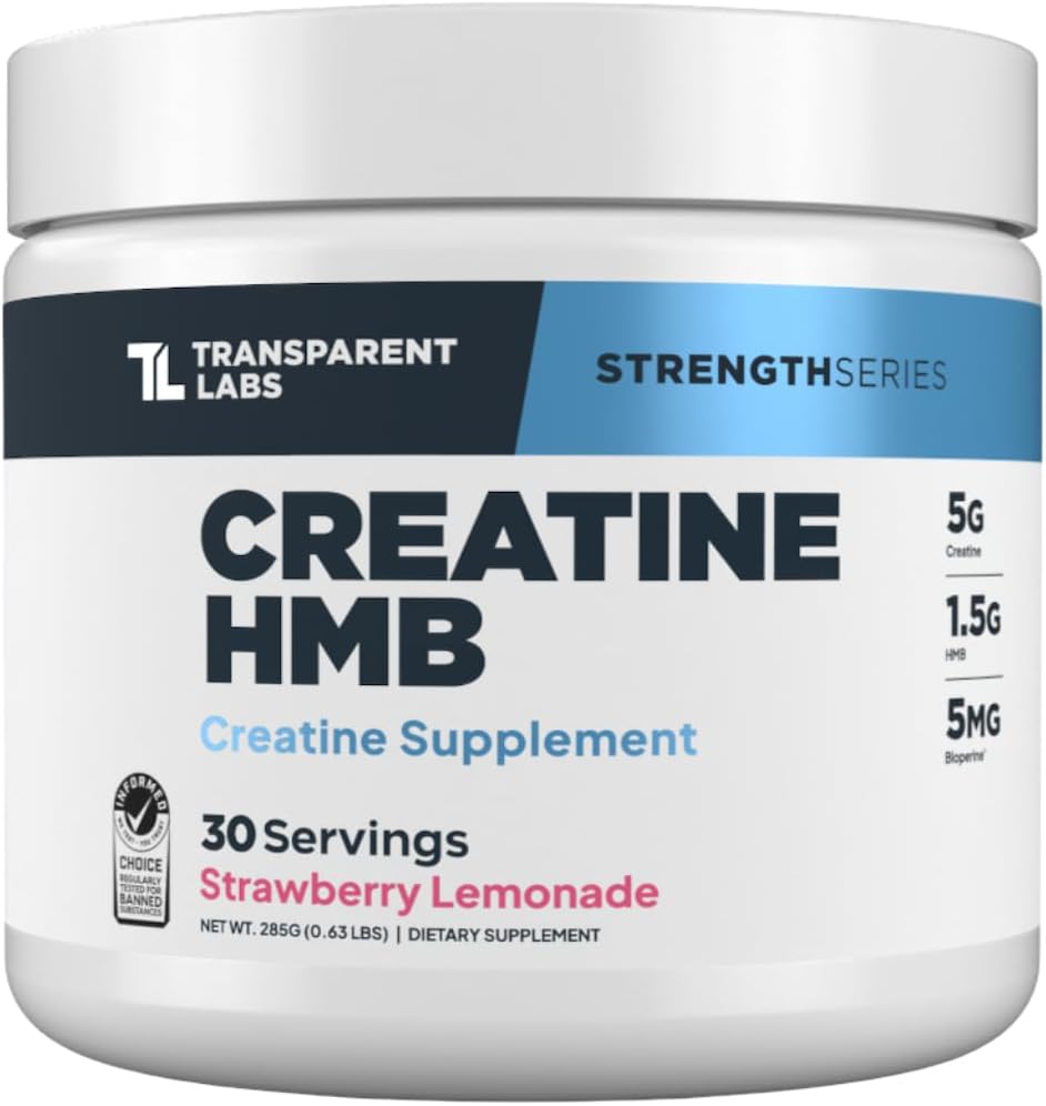 Διαφανή εργαστήρια Creatine HMB - Creatine Monohydrate Powder με HMB για μυϊκή ανάπτυξη, αυξημένη δύναμη, αυξημένη παραγωγή ενέργειας, και βελτιωμένη αθλητική απόδοση - 30 εξυπηρετήσεις, λεμονάδα φράουλα