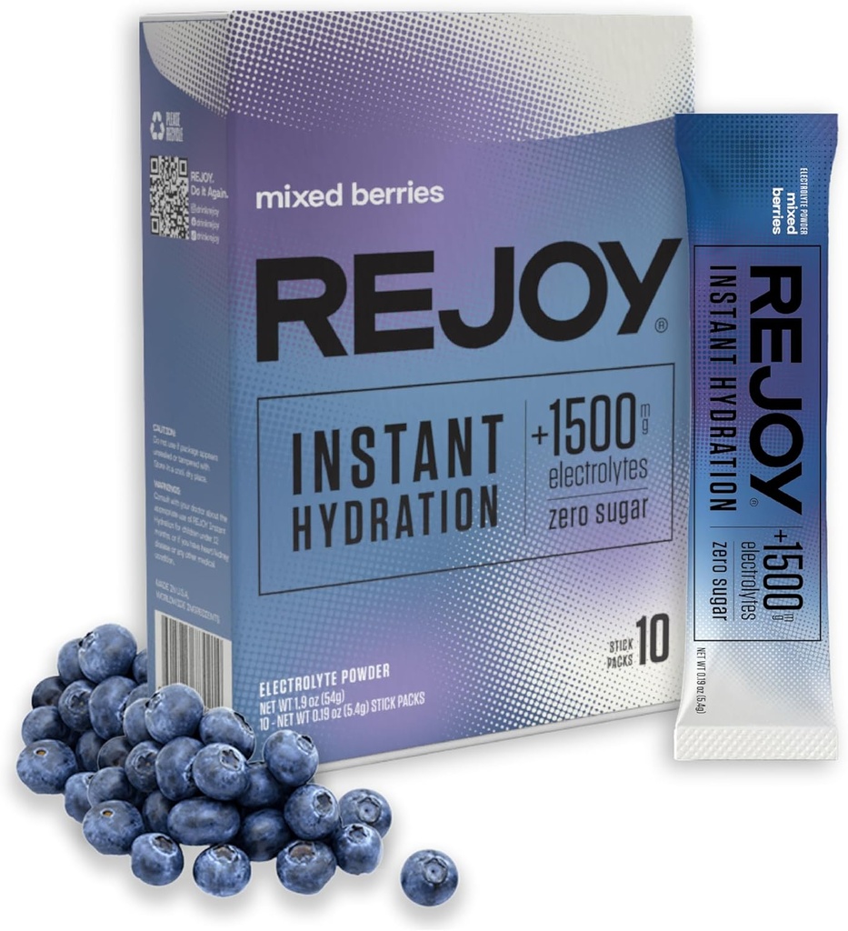 Rejoy – Electrolyte Powder Packets, 10 Sticks – Hydration Drink Mix Supplement – Sugar Free, Keto and Paleo Friendly, Vegan, Non-GMO, Easy Open Single-Serving Stick (Mixed Berries)