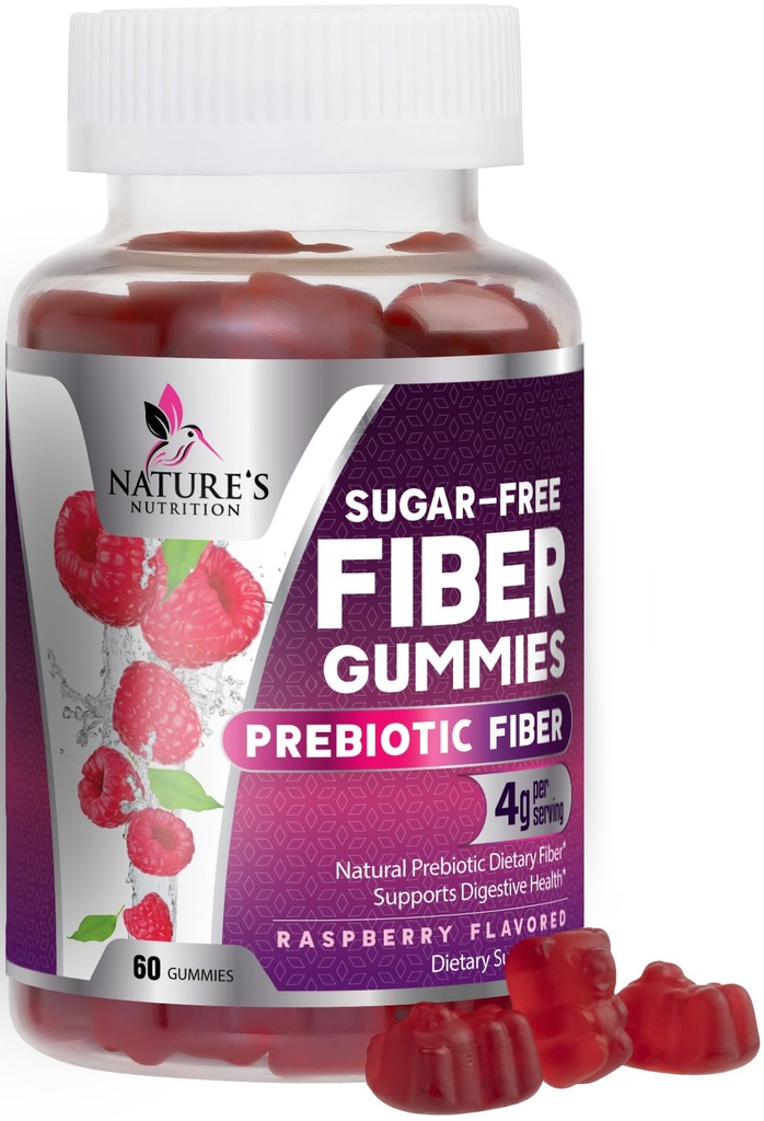 Fiber Gummies – Sugar Free Prebiotic Plant-Based Fiber 4g per Serving Supplement - Improved Soluble Formula Supports Digestive Health & Regularity - Non-GMO, Natural Berry Flavor Chewable - 60 Gummies