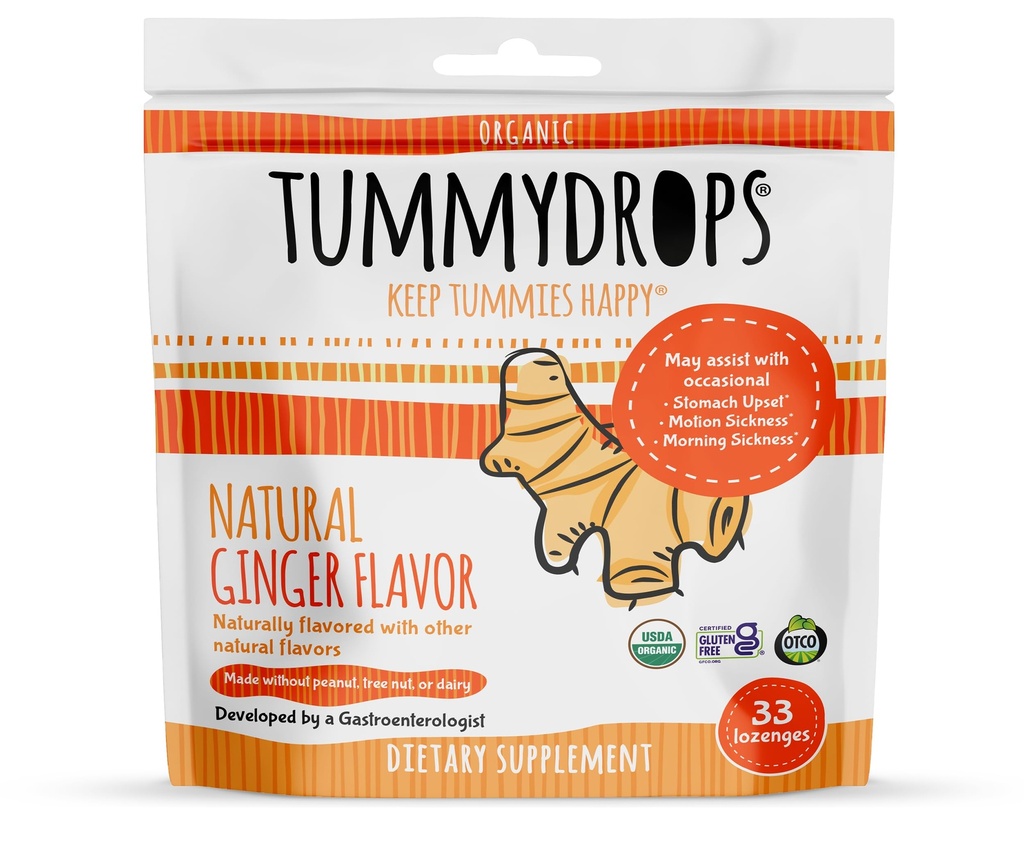 USDA Organic Natural Ginger Tummydrops, Χωρίς γλουτένη & Vegan, 33 ατομικά τυλιγμένες σταγόνες σε μια επαναχρησιμοποιούμενη τσάντα