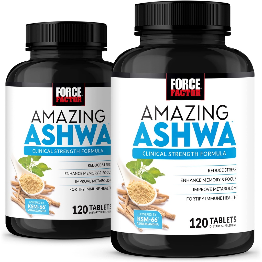 Force Factor Amazing Ashwa, KSM-66 Ashwagandha συμπλήρωμα για ανακούφιση από το στρες, Εστίαση, Μνήμη, Ανοσολογική Υποστήριξη, Με Βιταμίνες, Ορυκτά & Αντιοξειδωτικά, Συμπληρώματα Κορτιζόλης για γυναίκες, 240 δισκία (2- Pack)