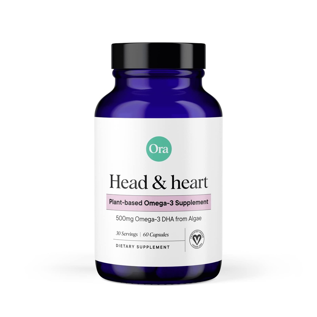 Ora Organic Vegan Omega 3 Συμπληρωματικό - 500mg DHA για τον εγκέφαλο, τα μάτια, και την καρδιά υγεία - Φτιαγμένο από Βιώσιμη άλγη - 60 κάψουλες