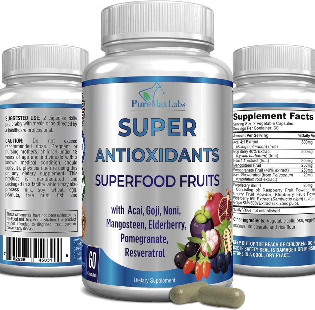 Super Antioxidant Fruit Superfood Complex - Ισχυρό Αντιοξειδωτικό Superfruits, Acai, Goji, Noni, Mangosteen, Ρόδι, Γέροντα μούρα, Resσβερατρόλη, Ανοσολογική Υποστήριξη, Δερματική Φροντίδα - 60 Κάψουλες