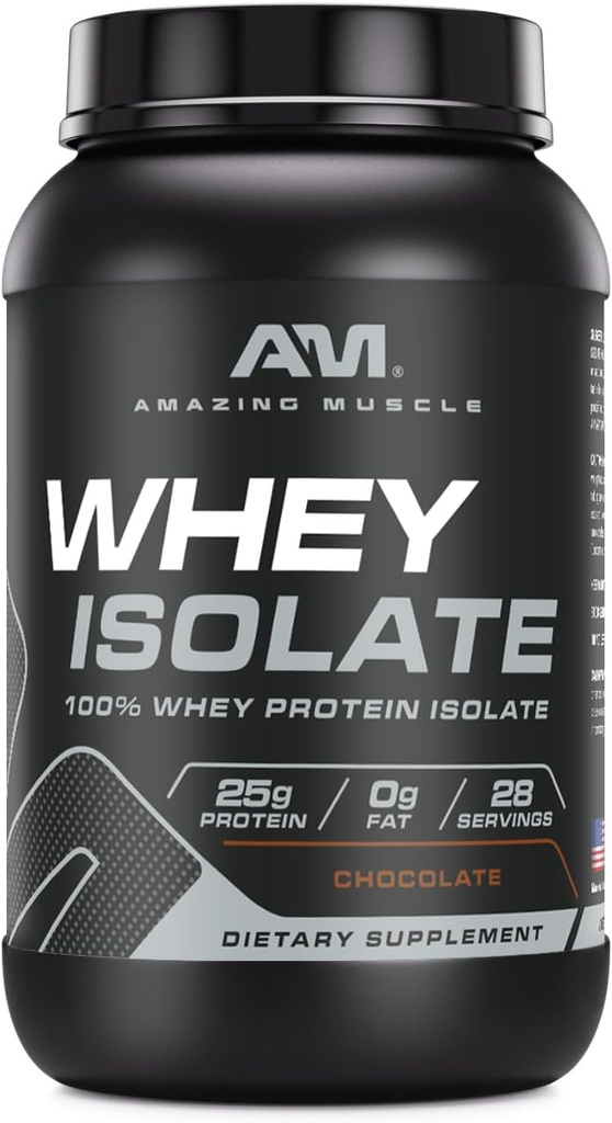 Amazing Muscle Whey Protein Isolate Powder | 25 Grams Protein Per Serving | 100% Whey Isolate | Zero Fat | Made in USA (2 Lb, Chocolate)